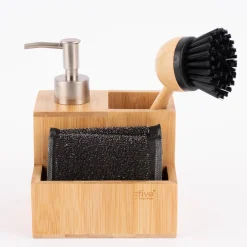 Geschirrspülset Spülmittelspender Bürste Schwamm Bambus natur 13x12,5x18cm