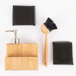 Geschirrspülset Spülmittelspender Bürste Schwamm Bambus natur 13x12,5x18cm