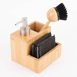 Geschirrspülset Spülmittelspender Bürste Schwamm Bambus natur 13x12,5x18cm