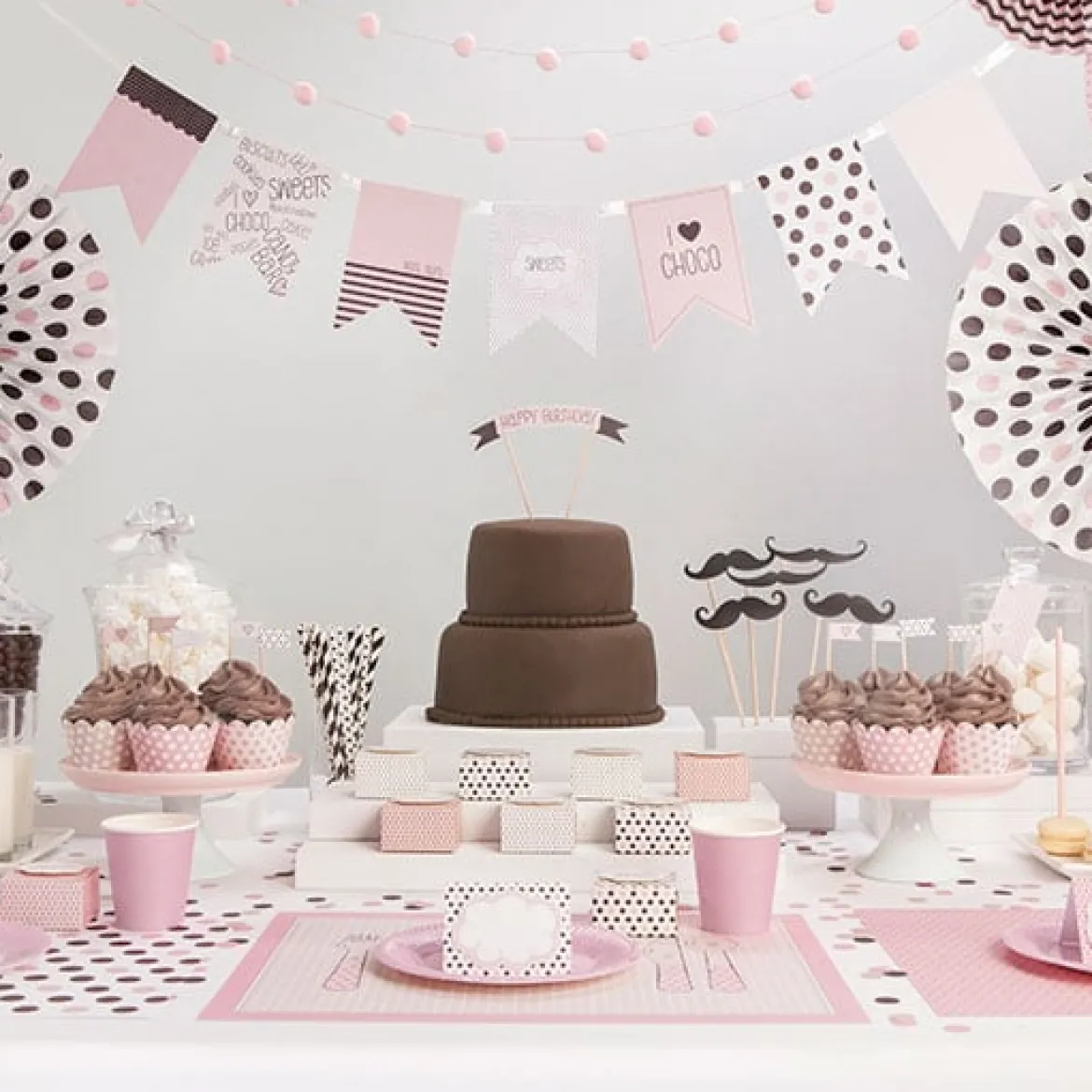 Girlande Fähnchen Sweets Papier hellrosa weißgrau schokobraun 8 teilig Länge: 180cm