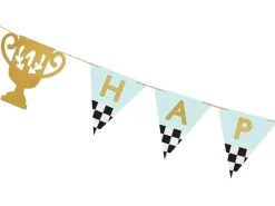 Girlande Happy Birthday Pokal Rennflagge mint gold schwarz weiß 2,5m