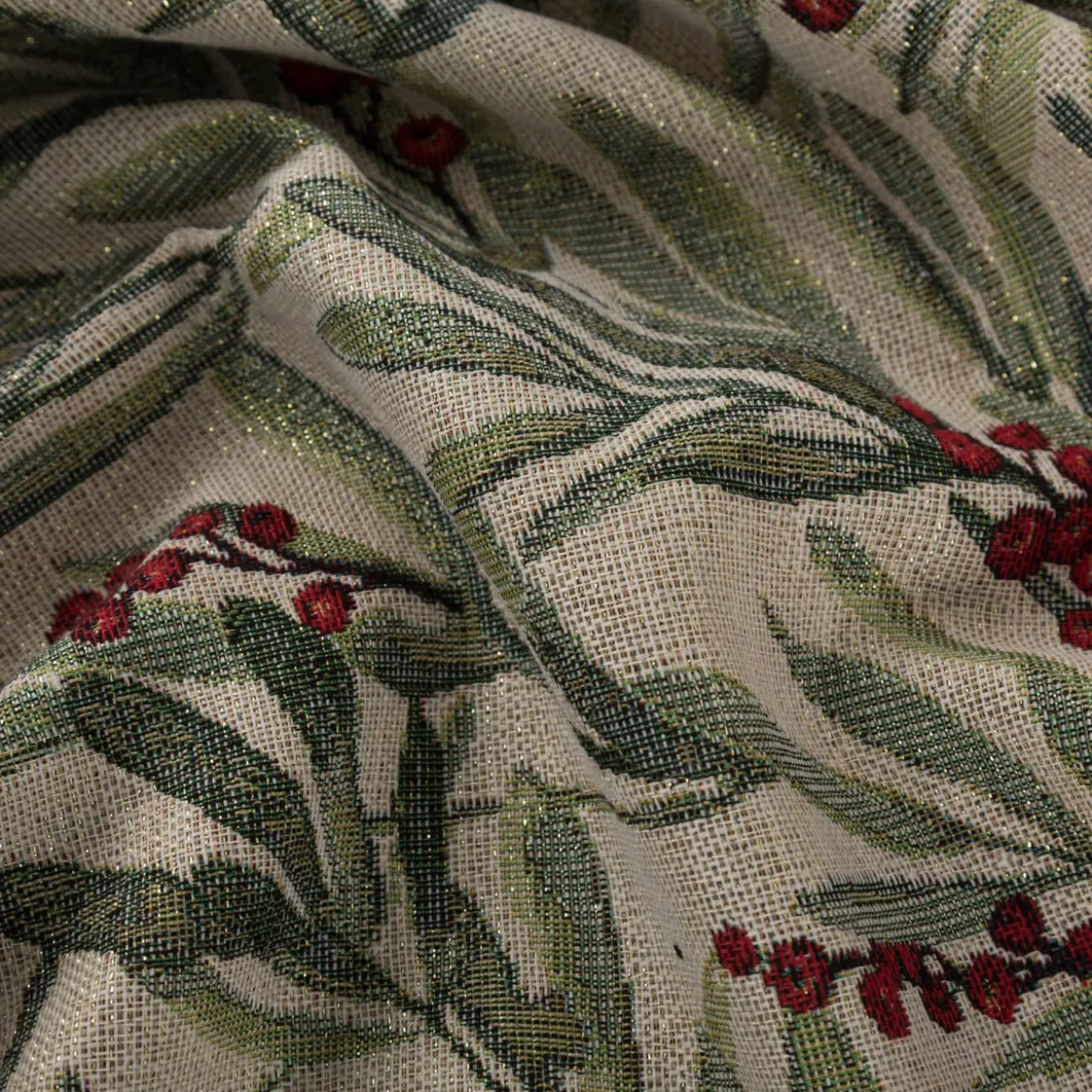 Gobelin Dekostoff Mistelzweige mit Beeren und goldfarbigen Lurexeffekten beige rot grün 1,40m Breite