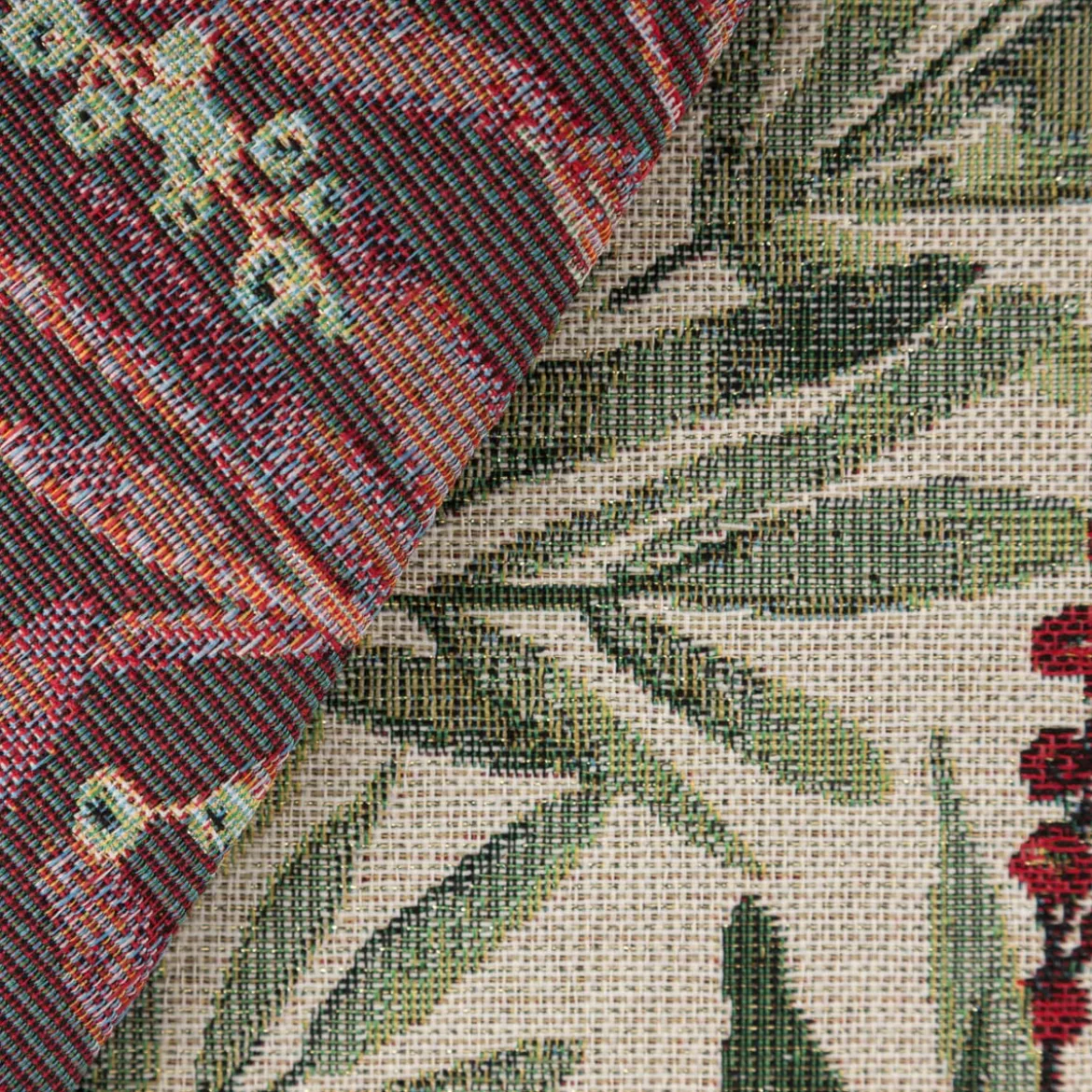 Gobelin Dekostoff Mistelzweige mit Beeren und goldfarbigen Lurexeffekten beige rot grün 1,40m Breite