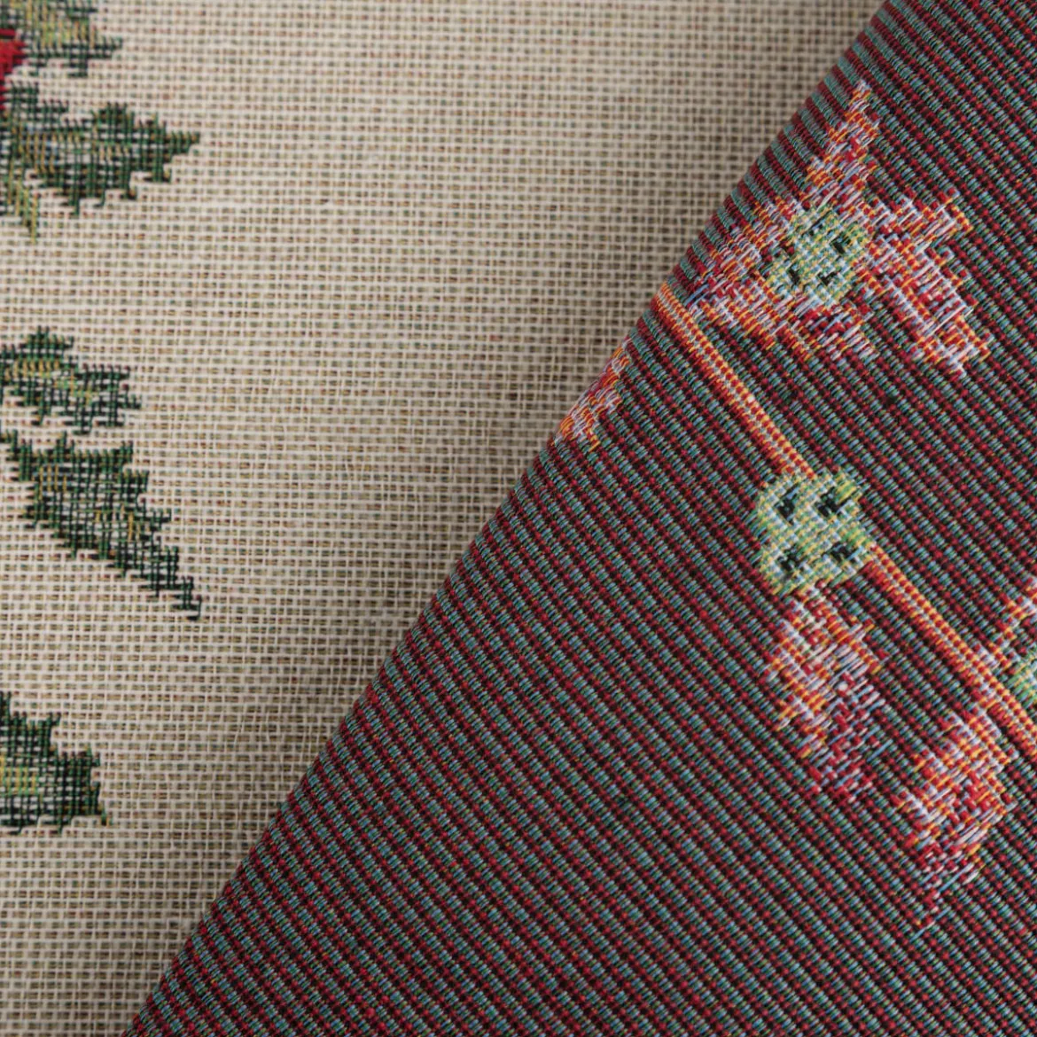 Gobelin Dekostoff Mistelzweige mit Beeren Gitter beige rot grün 1,40m Breite