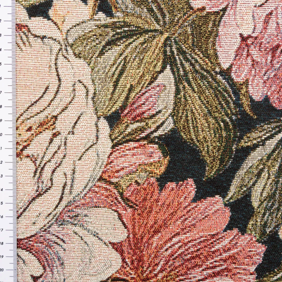 Gobelin Stoff Jacquard Dekostoff Pfingstrosenblüten dunkelblau rosa 1,50m Breite