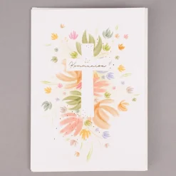 Grafik Werkstatt Doppelkarte Kommunion Kreuz Blumen weiß pastell bunt 12x17cm