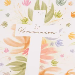 Grafik Werkstatt Doppelkarte Kommunion Kreuz Blumen weiß pastell bunt 12x17cm