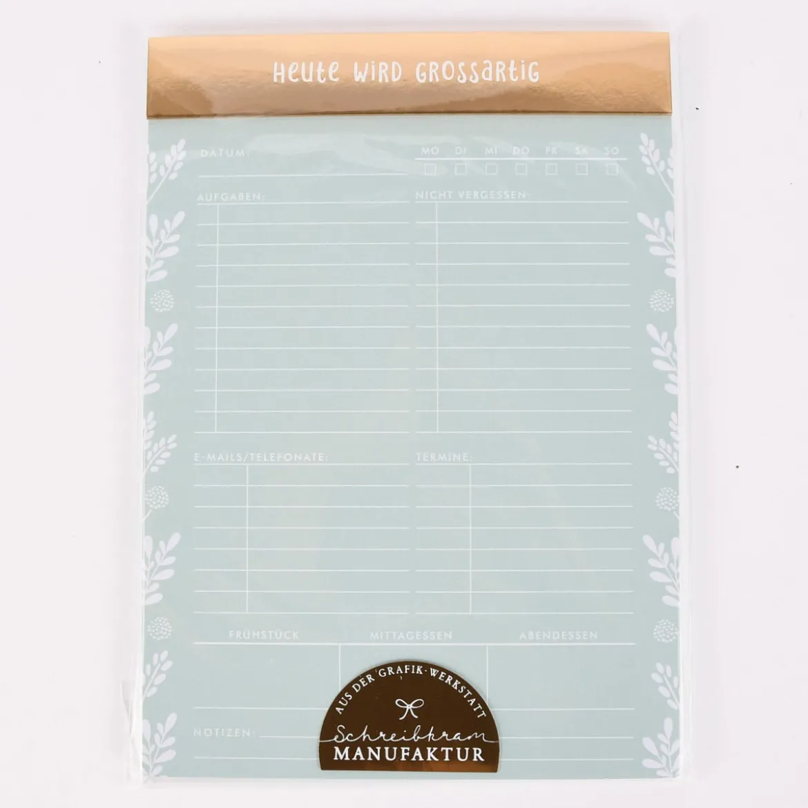 Grafik Werkstatt Tages To Do Notizblock Heute wird grossartig mint goldfarbig 15x21cm