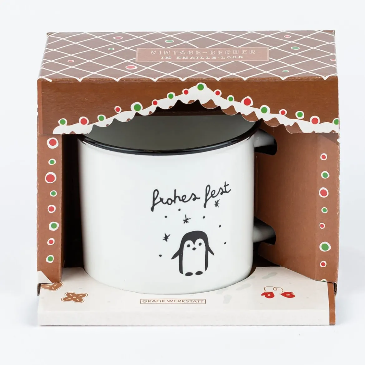 Grafik Werkstatt Tasse Vintage Weihnachten Frohes Fest Pinguin weiß schwarz 400ml