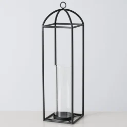 Großes Windlicht aus Metall mit Glaszylinder schwarz 15x15x55cm