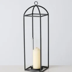 Großes Windlicht aus Metall mit Glaszylinder schwarz 15x15x55cm