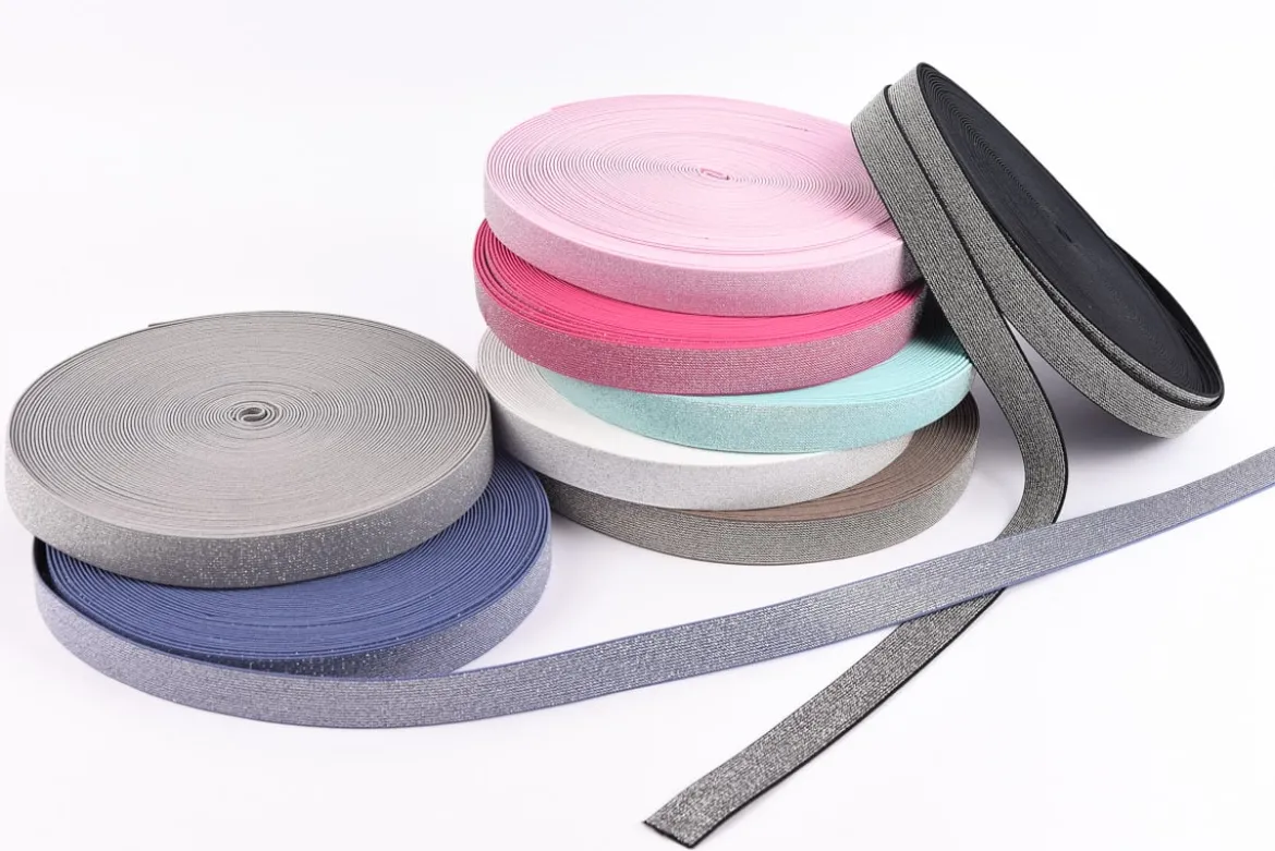 Gummi Band Glitzer pink silberfarbig Meterware Breite: 2,5cm
