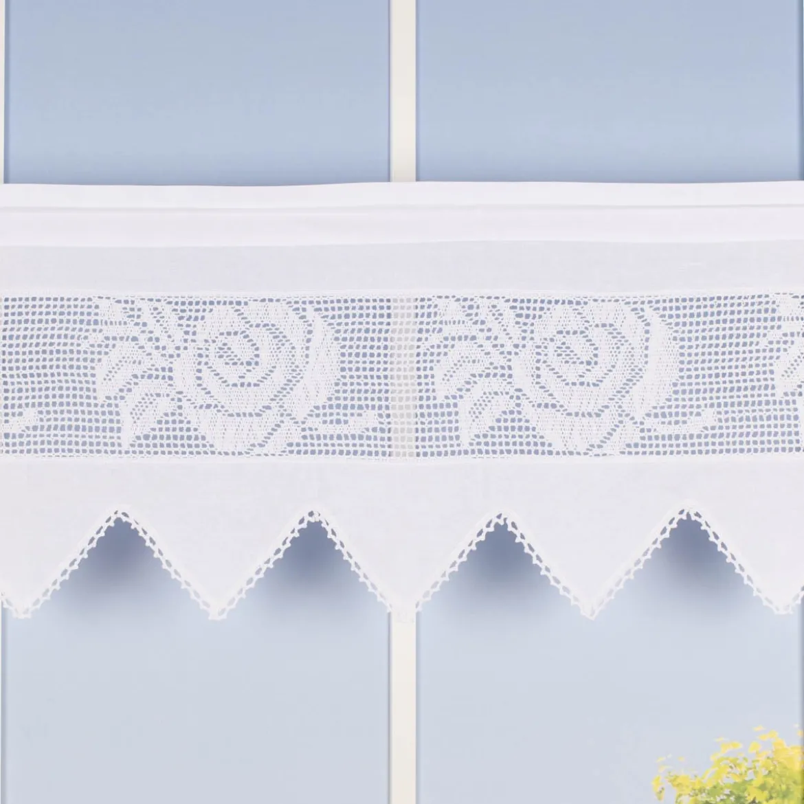 Häkelspitze Häkelgardine Panneaux Rose mit Dreiecksabschluss mit Tunneldurchzug weiß 40x125cm