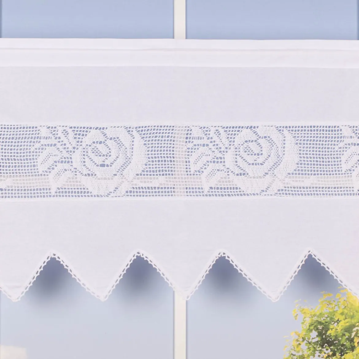 Häkelspitze Häkelgardine Panneaux Rose mit Dreiecksabschluss mit Tunneldurchzug weiß 55x125cm