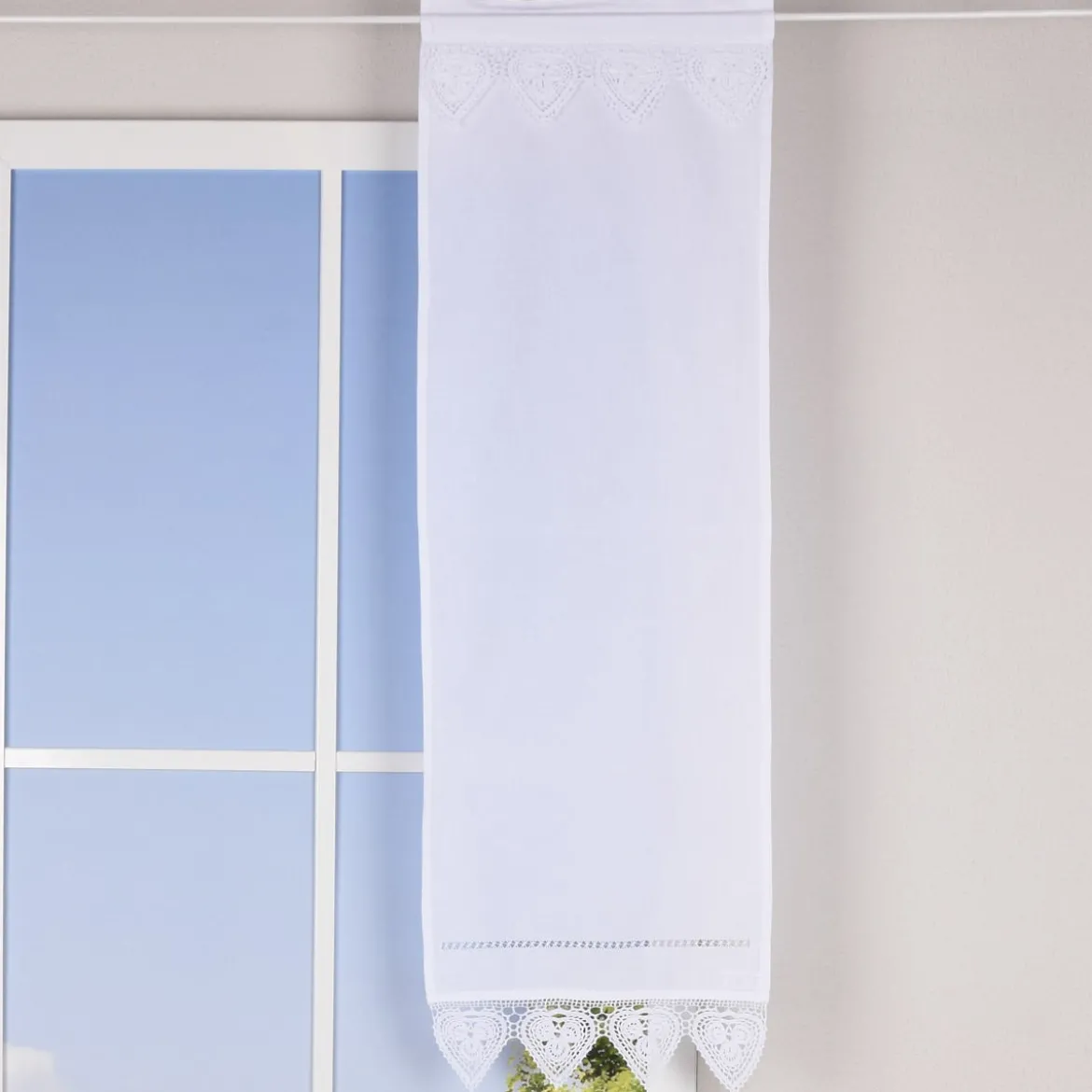 Häkelspitze Häkelgardine Seitenschal Herz mit Tunneldurchzug weiß 40x130cm