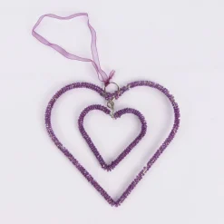 Hänger Doppel Herz mit Perlen lila 15,5x15cm