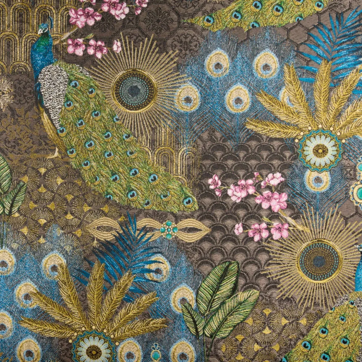 Jacquard Dekostoff Peacock Extravagant Pfau blau grün 1,4m Breite