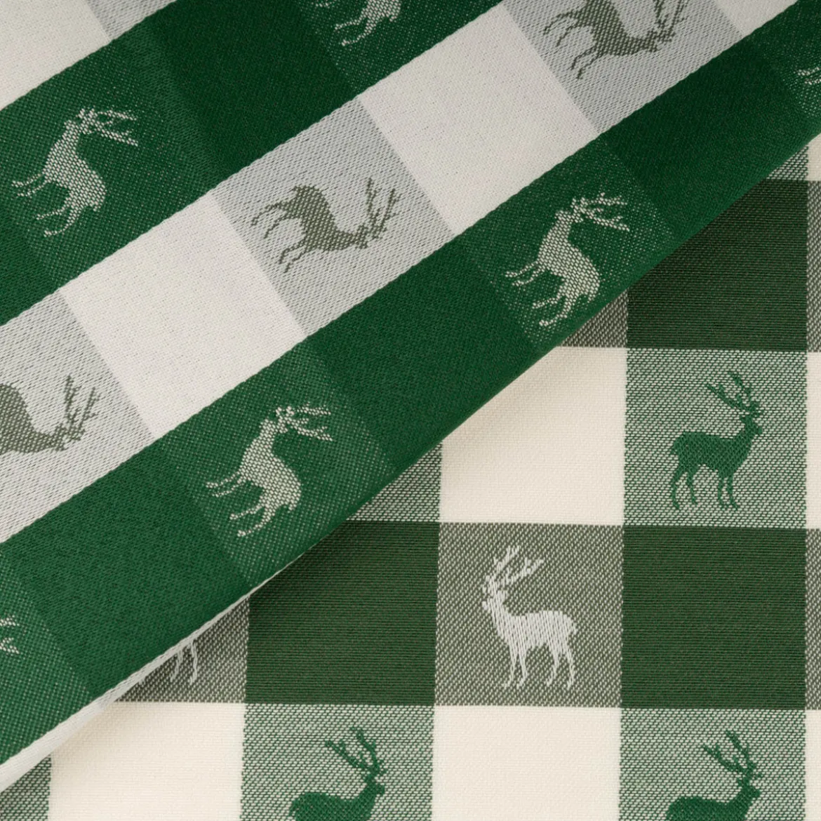Jacquard Stoff Dekostoff Karos Hirsche grün weiß 140cm Breite