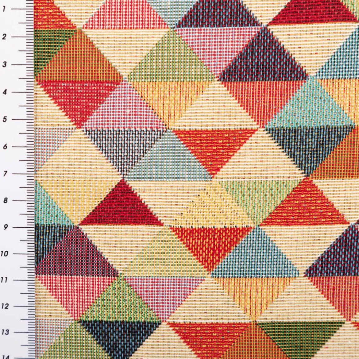 Jacquard Stoff Gobelin Dreiecke beige bunt 1,40m Breite