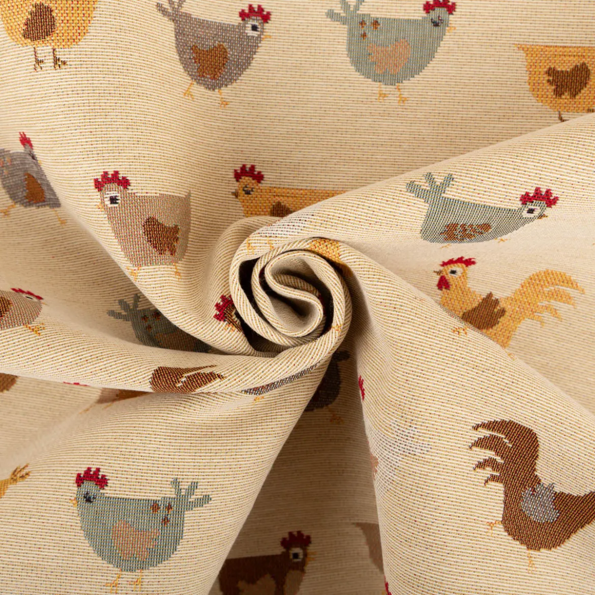 Jacquard Stoff Gobelin Premium Dekostoff Comic Chickens beige braun 1,4m Breite