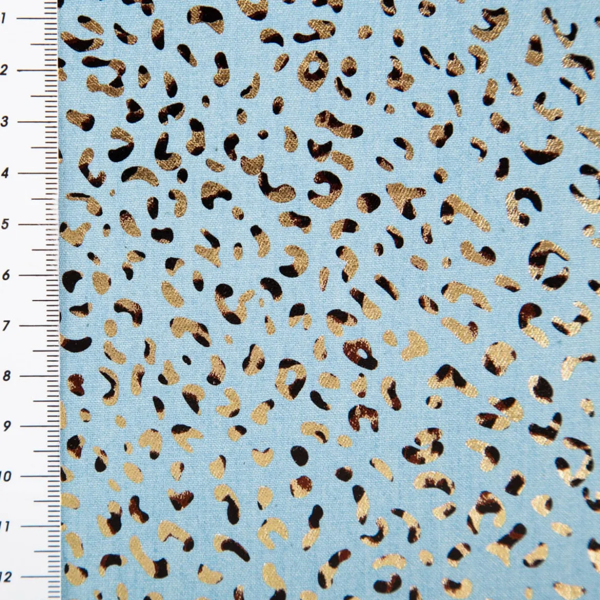 Jeansstoff Baumwollstoff Leo-Print hellblau goldfarbig 1,48m Breite