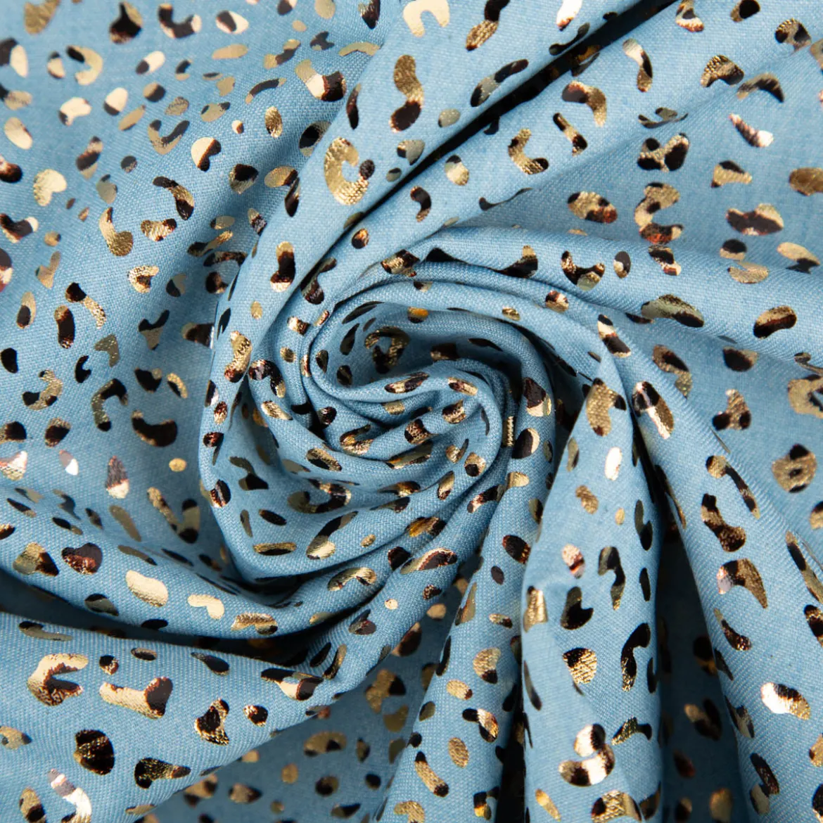 Jeansstoff Baumwollstoff Leo-Print hellblau goldfarbig 1,48m Breite