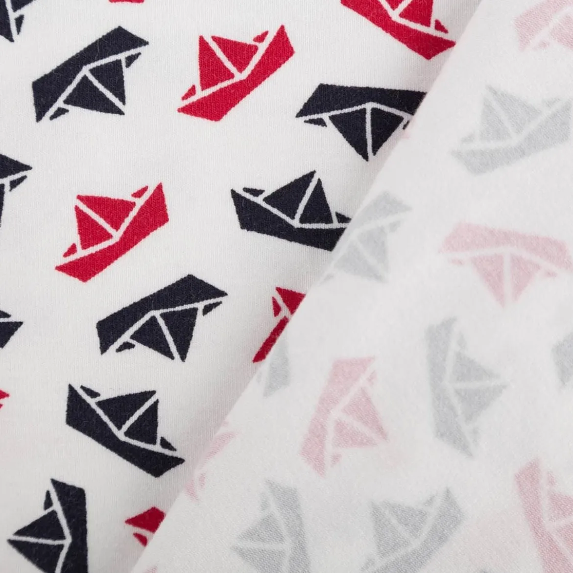 Jersey Stoff Baumwolle Maritim Papierboote weiß blau rot 1,50m Breite
