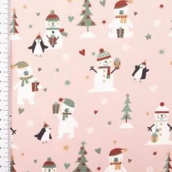 Jersey Stoff Baumwolljersey Schneemann, Bär und PInguin rosa 1,45m Breite