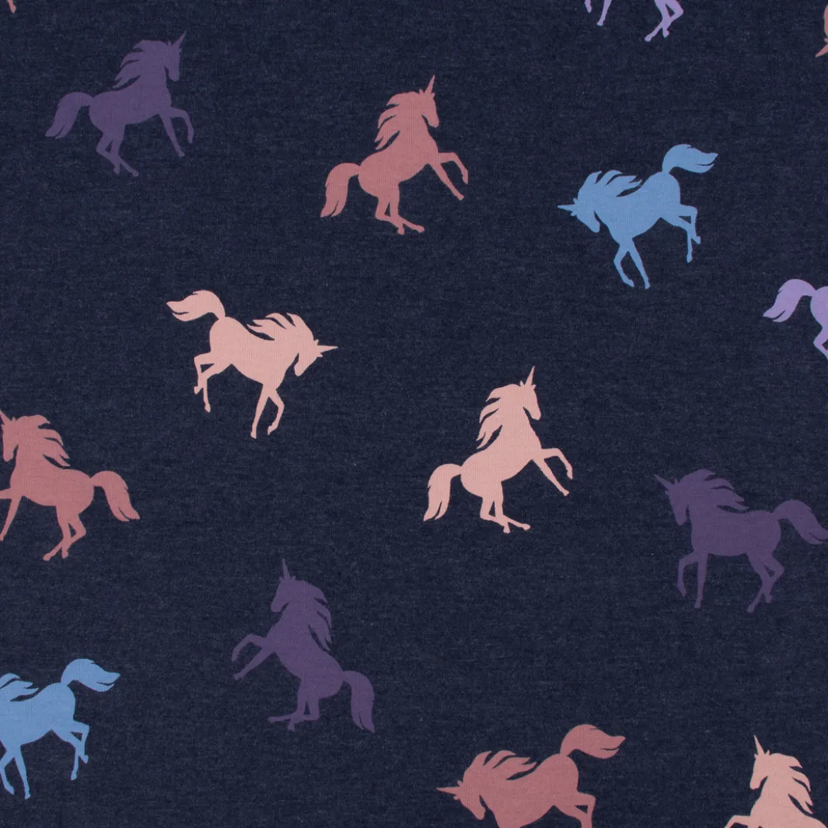 Jersey Stoff Baumwolljersey Melange Unicorn Einhörner indigoblau meliert 1,48m Breite