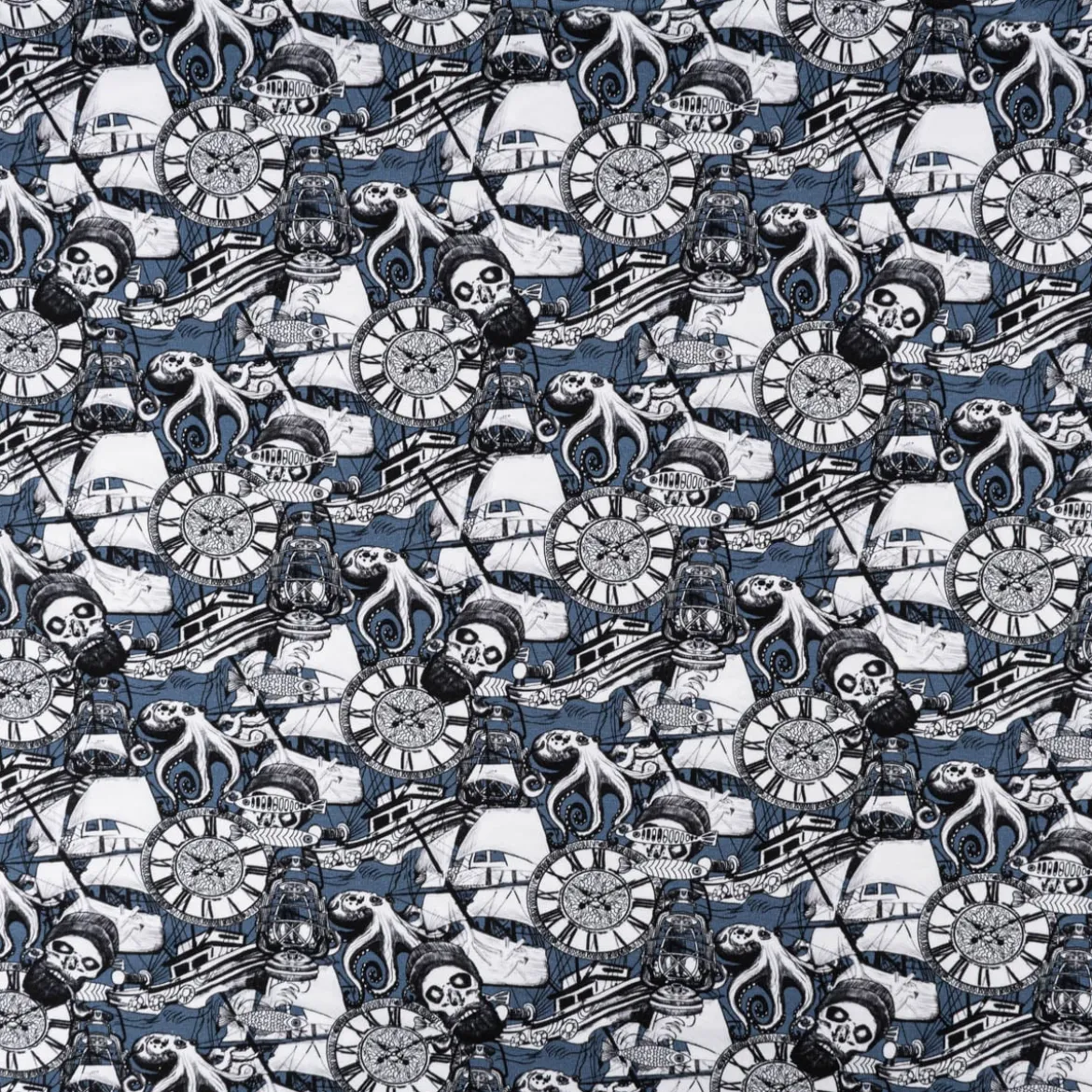 Jersey Stoff Baumwolljersey Digital Skulls Pirat Totenkopf Segelschiff blau 1,50m Breite