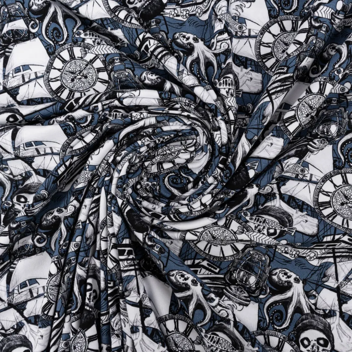 Jersey Stoff Baumwolljersey Digital Skulls Pirat Totenkopf Segelschiff blau 1,50m Breite