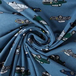 Jersey Stoff Baumwolljersey CLASSIC CARS Autos jeans blau grün 1,45m Breite