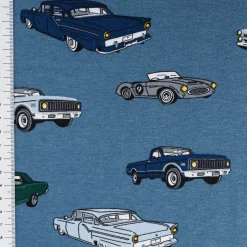 Jersey Stoff Baumwolljersey CLASSIC CARS Autos jeans blau grün 1,45m Breite