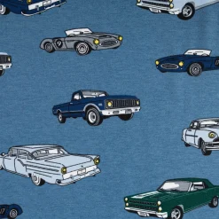 Jersey Stoff Baumwolljersey CLASSIC CARS Autos jeans blau grün 1,45m Breite