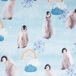 Jersey Stoff Baumwolljersey Digitaldruck Pinguin Schneeflocke Wolken blau grau 1,45m Breite
