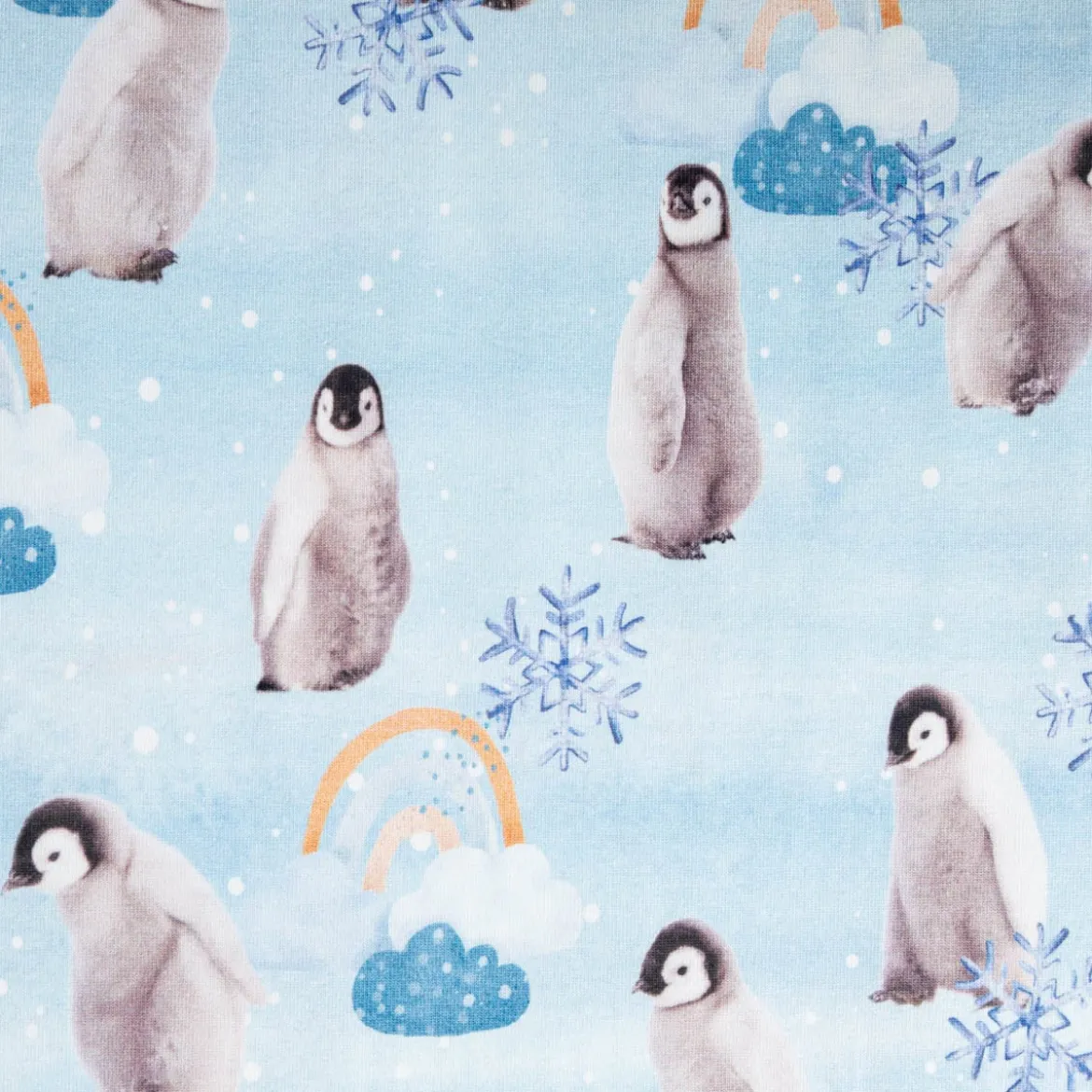 Jersey Stoff Baumwolljersey Digitaldruck Pinguin Schneeflocke Wolken blau grau 1,45m Breite