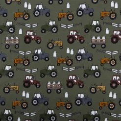 Jersey Stoff Baumwolljersey Theo Traktor khaki grün bunt 1,60m Breite