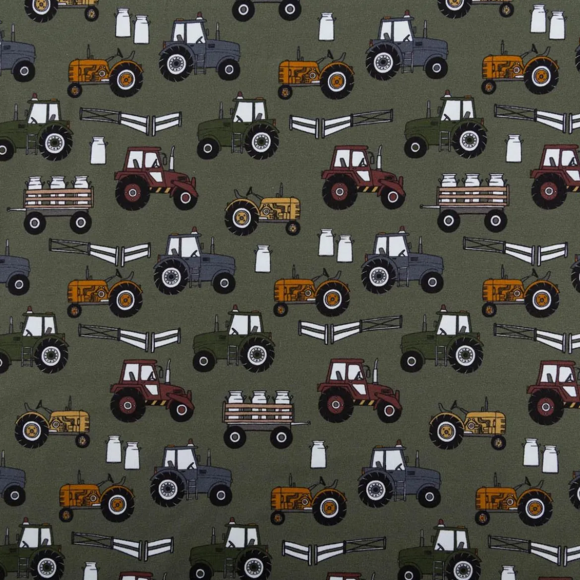 Jersey Stoff Baumwolljersey Theo Traktor khaki grün bunt 1,60m Breite