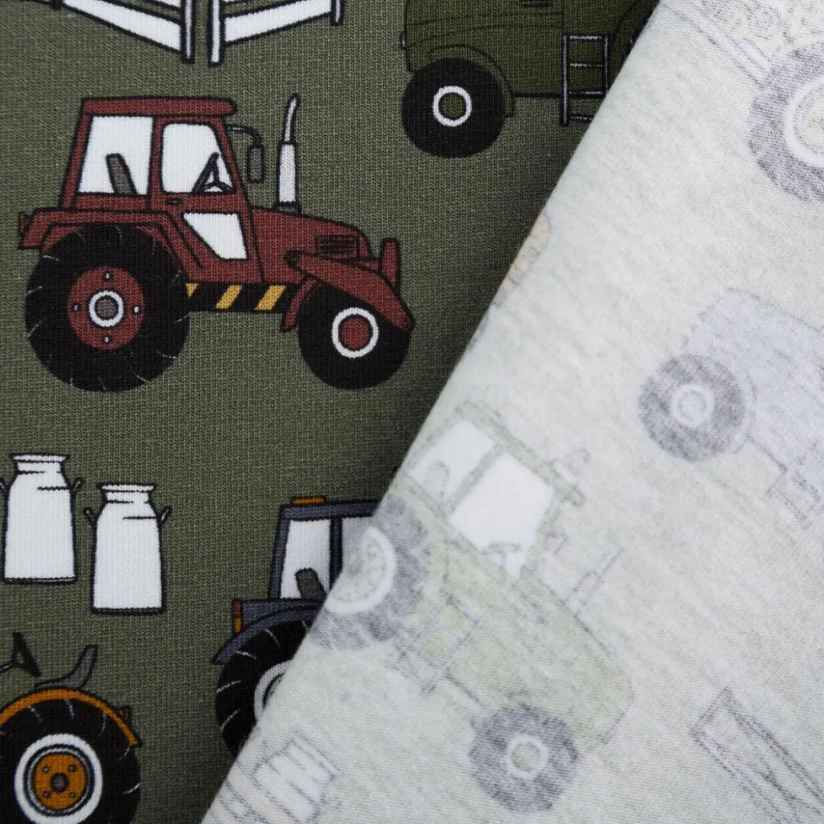 Jersey Stoff Baumwolljersey Theo Traktor khaki grün bunt 1,60m Breite