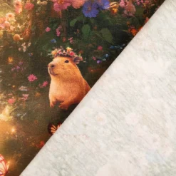 Jersey Stoff Baumwolljersey Capybaras Blumen Digitaldruck ocker grün rosa 1,48 m Breite