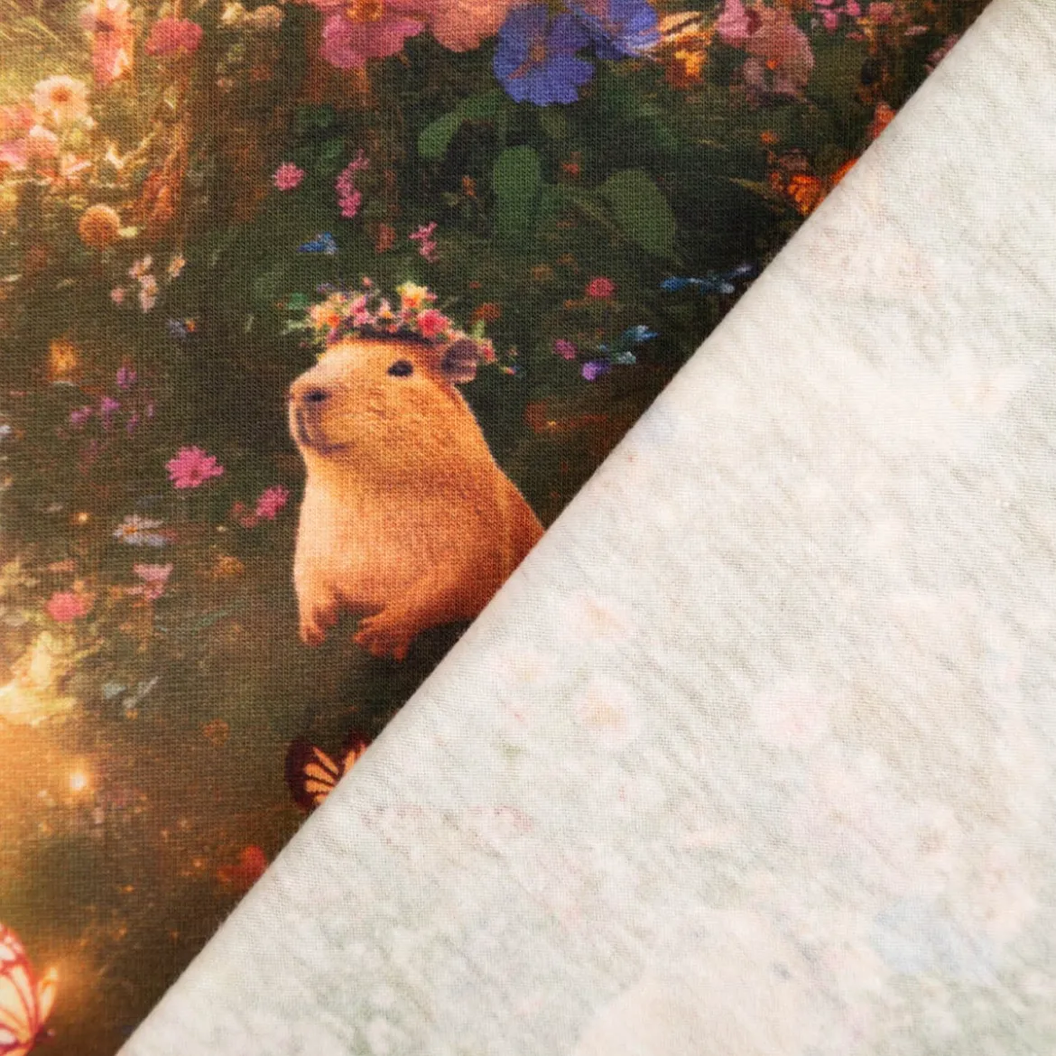 Jersey Stoff Baumwolljersey Capybaras Blumen Digitaldruck ocker grün rosa 1,48 m Breite