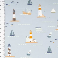 Jersey Stoff Baumwolljersey Leuchtturm Boote Meer hellblau 1,45m Breite