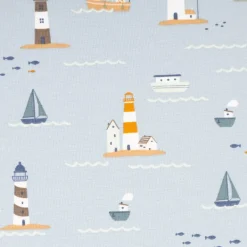 Jersey Stoff Baumwolljersey Leuchtturm Boote Meer hellblau 1,45m Breite