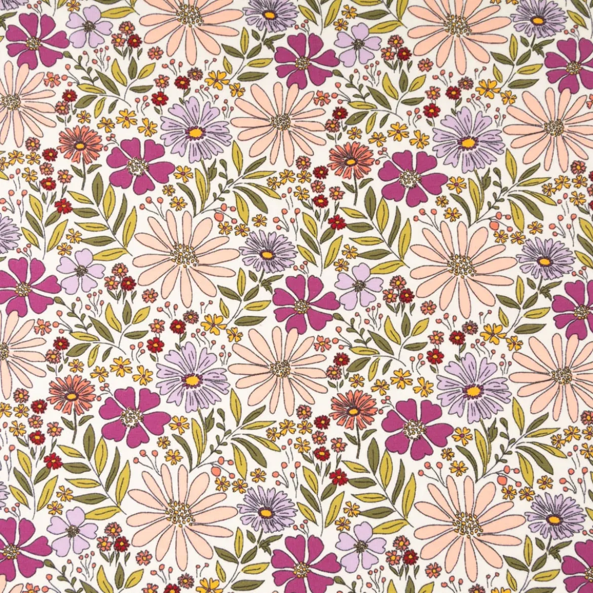 Jersey Stoff Baumwolljersey Blumen ecru grün lila rosa 1,48 m Breite