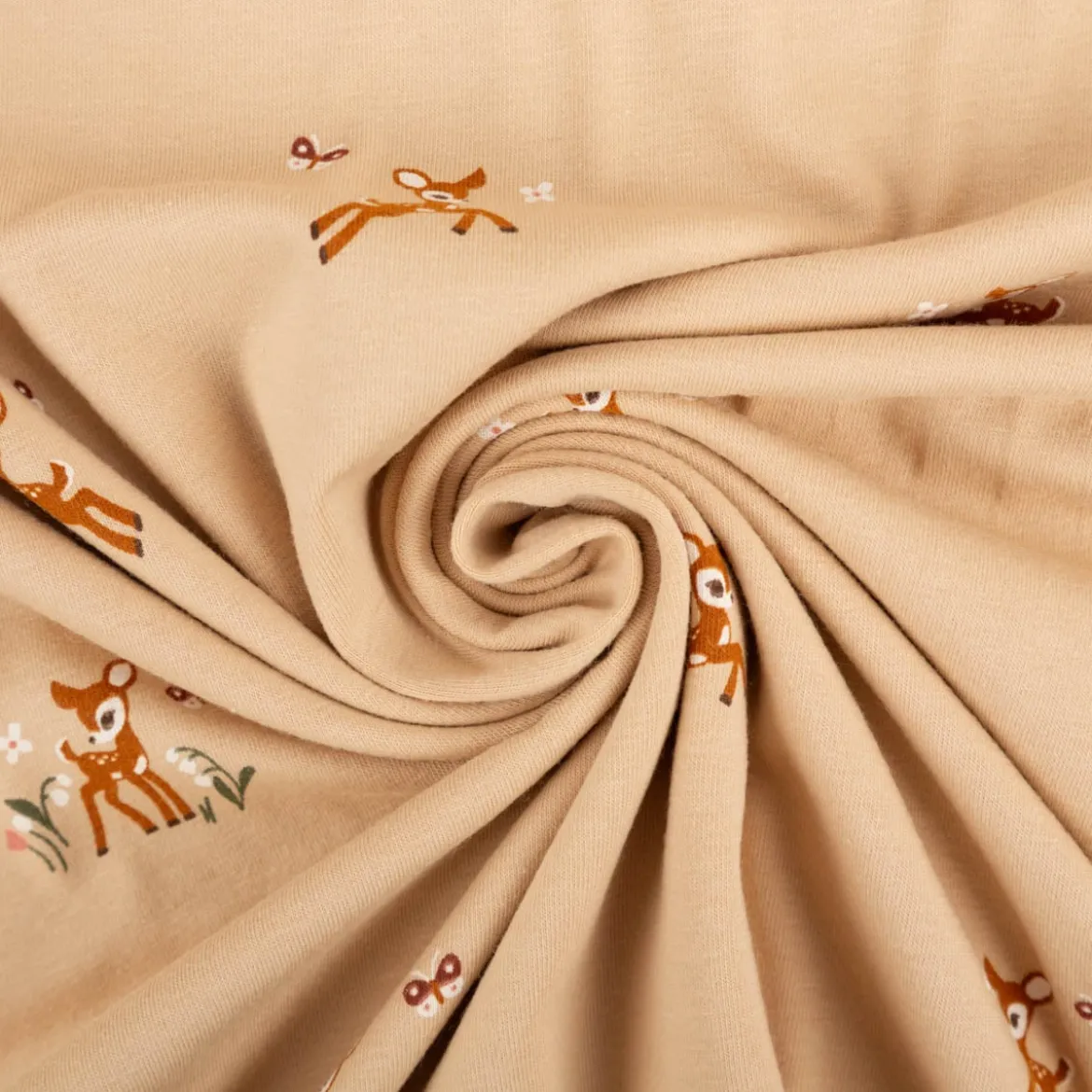 Jersey Stoff Baumwolljersey Rehkitz beige braun 1,50m Breite