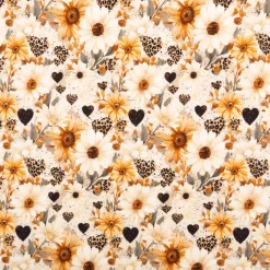 Jersey Stoff Baumwolljersey Digitaldruck Daisy Leo Herzen Blumen creme senfgelb schwarz 1,5m Breite