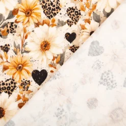 Jersey Stoff Baumwolljersey Digitaldruck Daisy Leo Herzen Blumen creme senfgelb schwarz 1,5m Breite