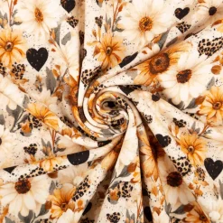 Jersey Stoff Baumwolljersey Digitaldruck Daisy Leo Herzen Blumen creme senfgelb schwarz 1,5m Breite