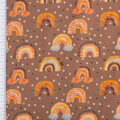 Jersey Stoff Digitaldruck Aquarell Regebogen Punkte Herzen braun orange 1,4m Breite