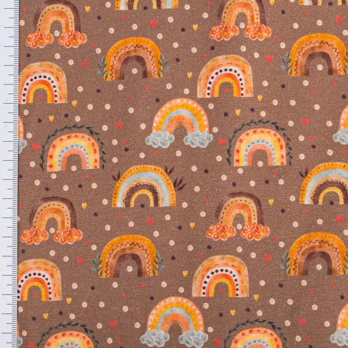Jersey Stoff Digitaldruck Aquarell Regebogen Punkte Herzen braun orange 1,4m Breite